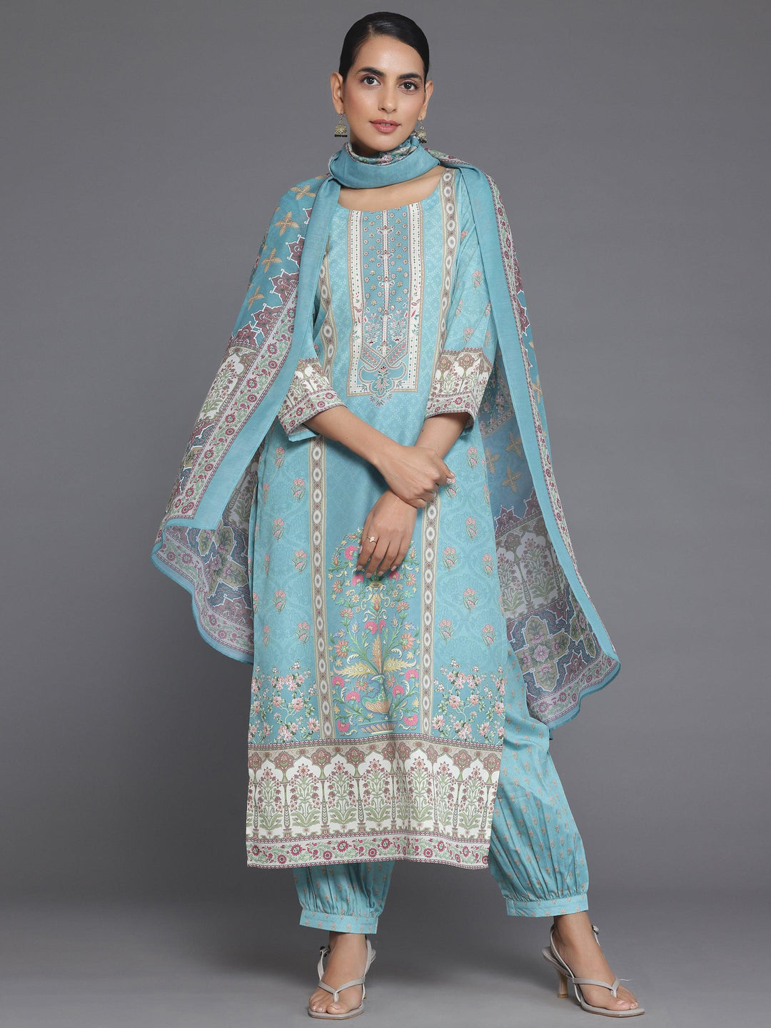 Blue Printed Poly Crepe Straight Suit With Dupatta - Libas 