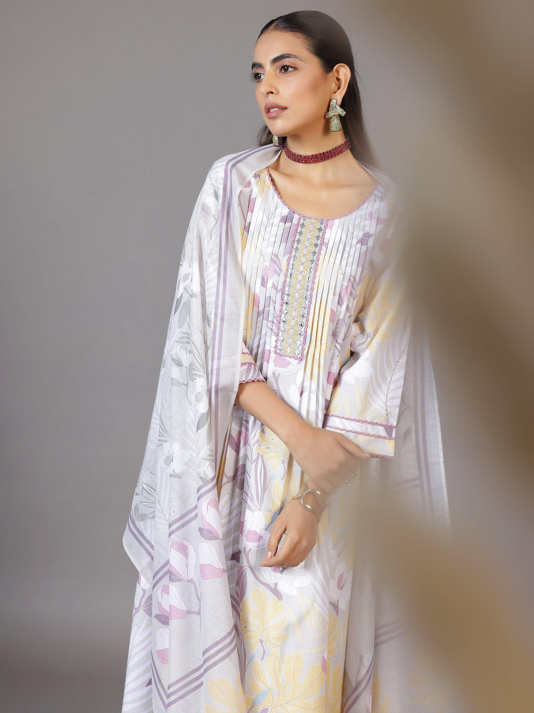 Grey Printed Cotton Blend A-Line Kurta With Palazzos & Dupatta - Libas