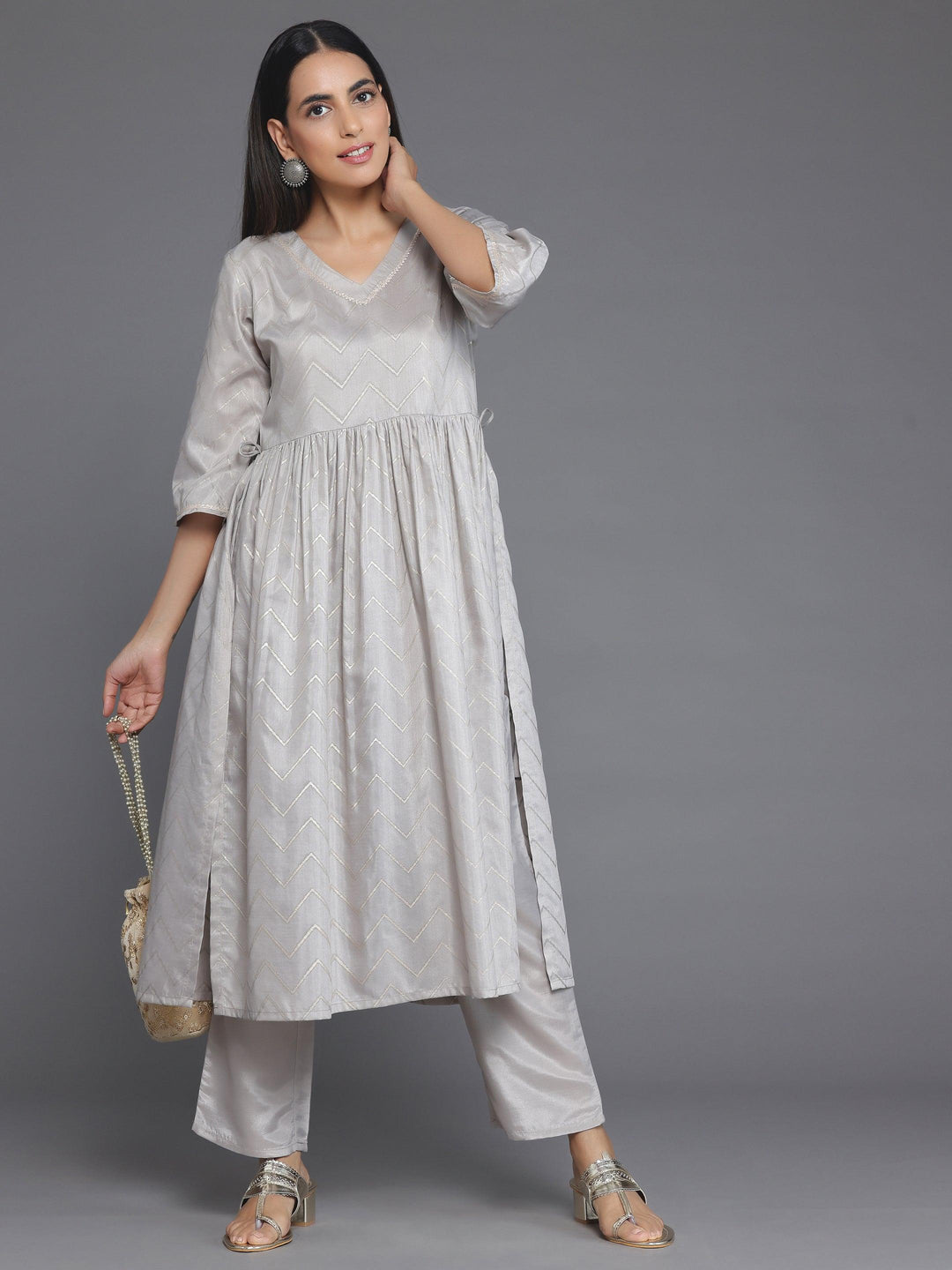 Grey Printed Silk Blend A-Line Kurta With Trousers - Libas