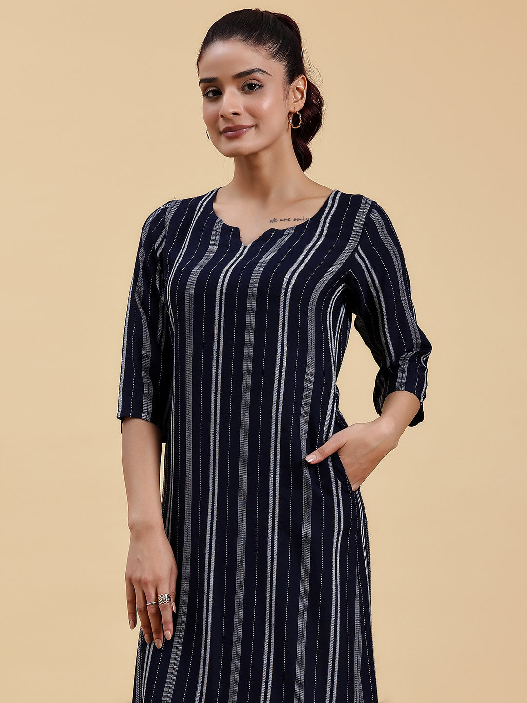  Navy Blue Woven Design Rayon Straight Kurta 