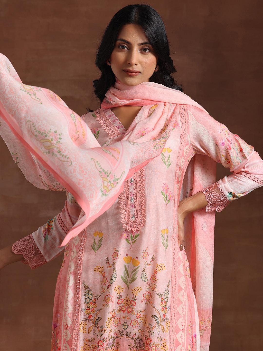 Pink Printed Silk Blend Straight Suit With Dupatta - Libas