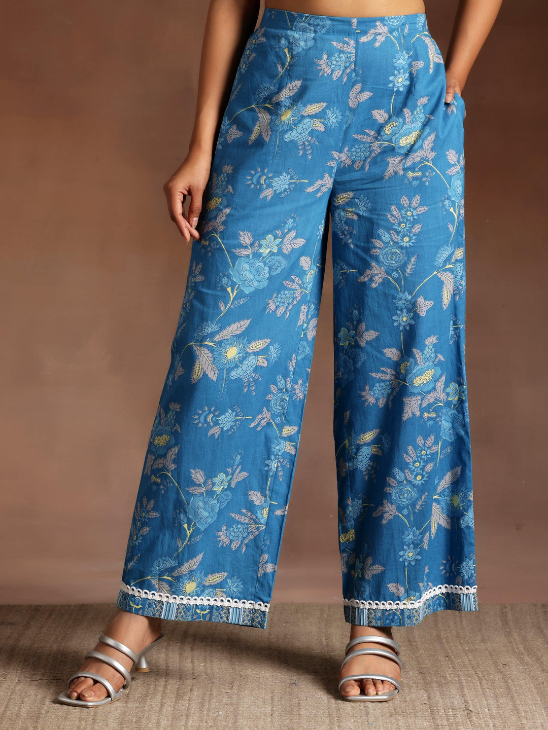 Blue Printed Cotton A-Line Kurta With Palazzos - Libas 