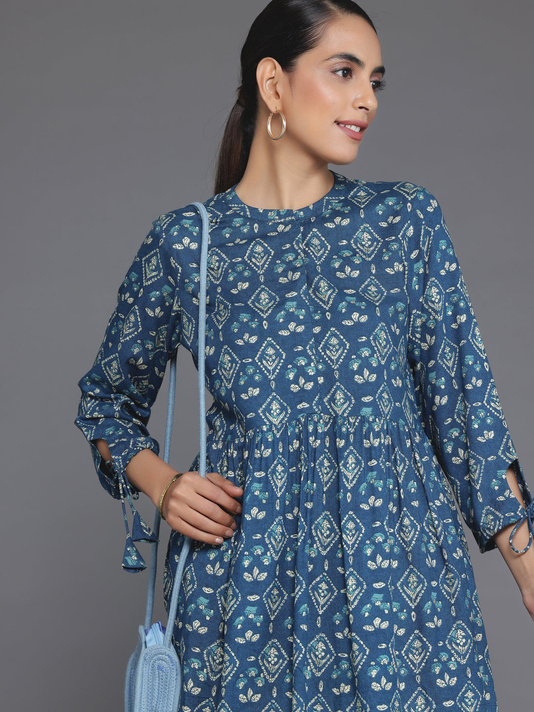 Blue Printed Rayon A-Line Kurti - Libas 