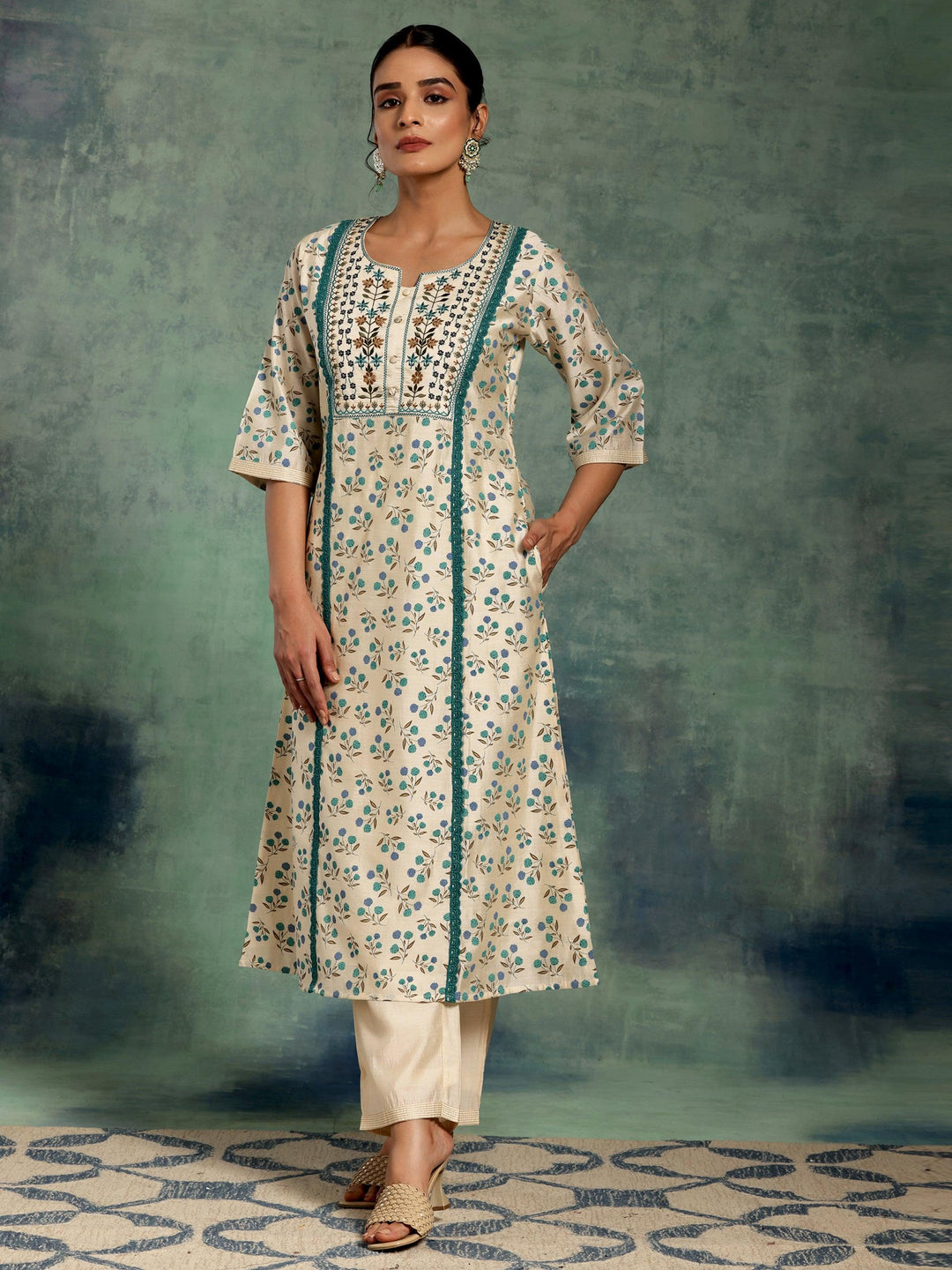 Beige Printed Chanderi Silk A-Line Kurta With Palazzos - Libas 