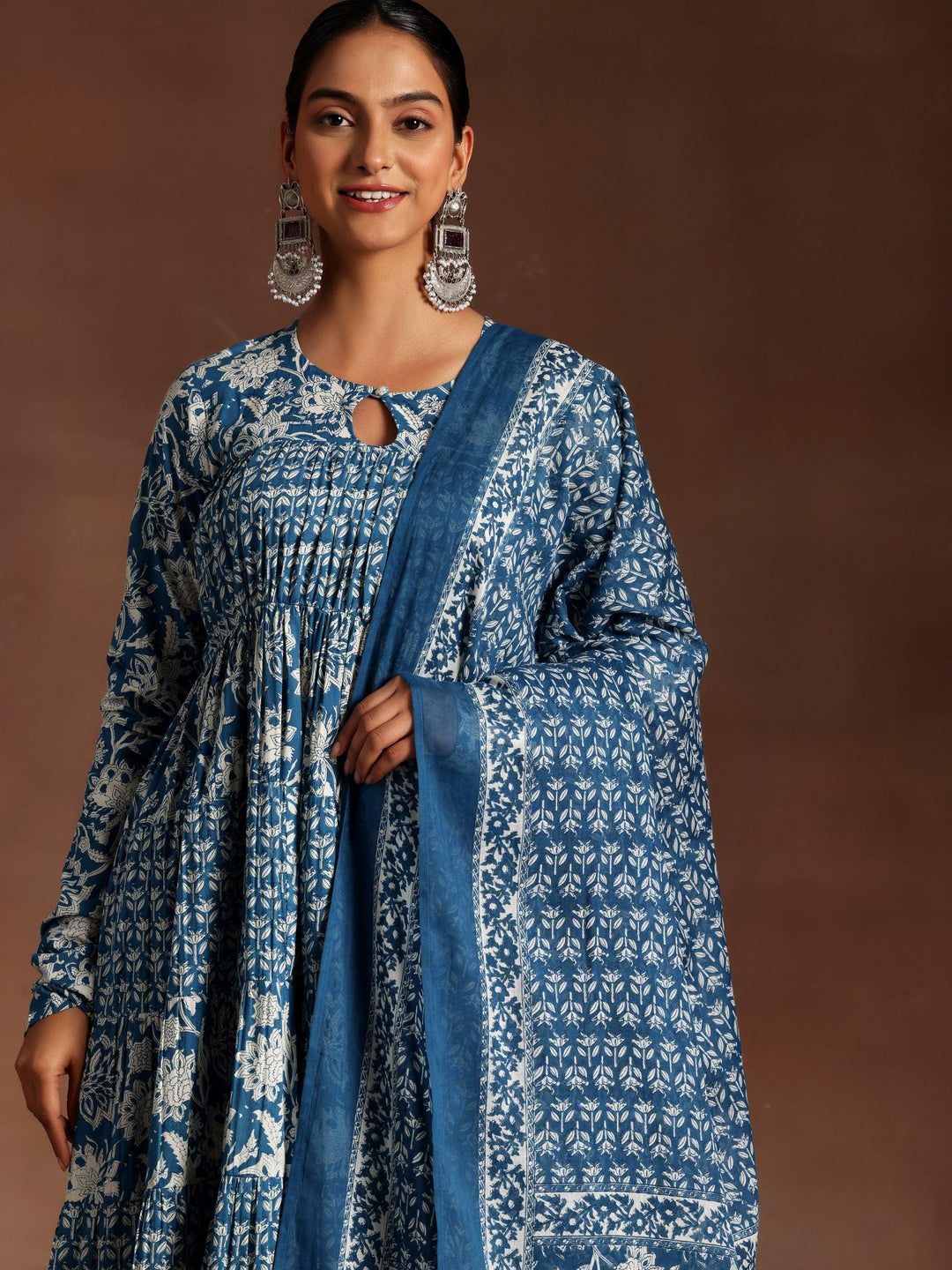 Blue Printed Cotton A-Line Kurta With Trousers & Dupatta - Libas