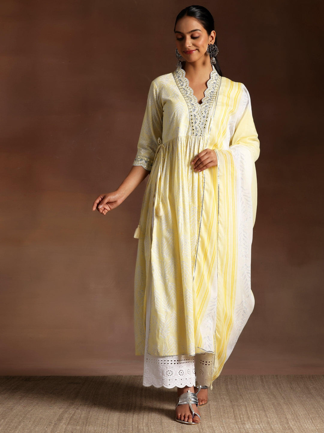 Mahnoor Yellow Printed Cotton A-Line Kurta With Palazzos & Dupatta - Libas