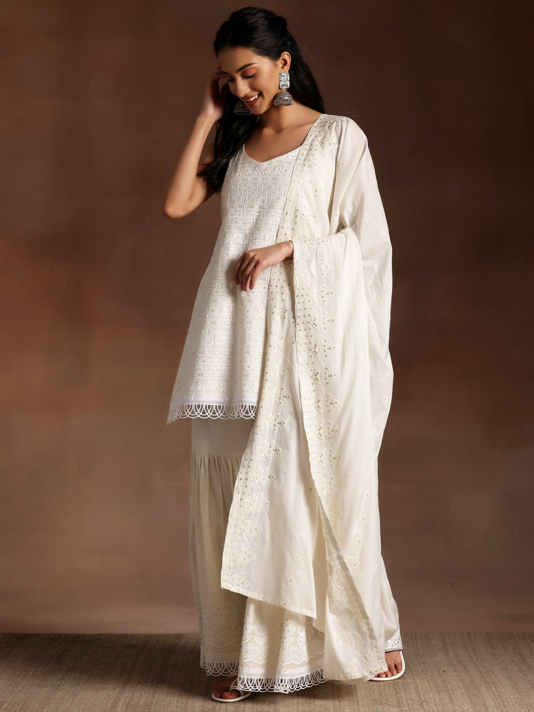 Off White Embroidered Cotton Straight Suit With Dupatta - Libas 