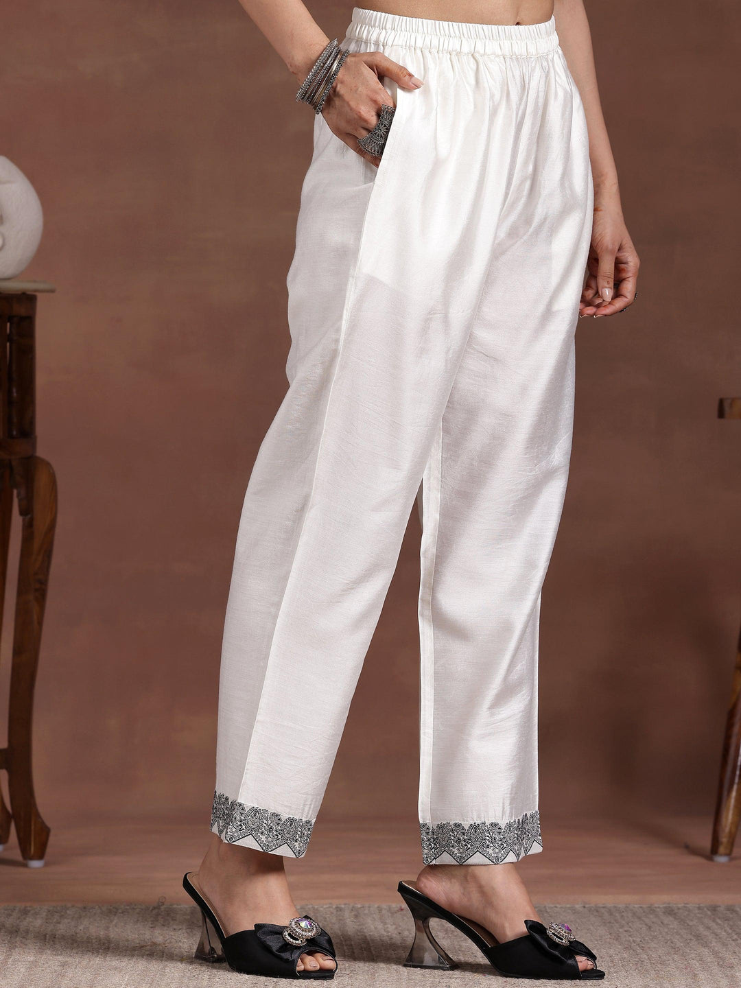 White Woven Design Linen Straight Suit With Dupatta - Libas 