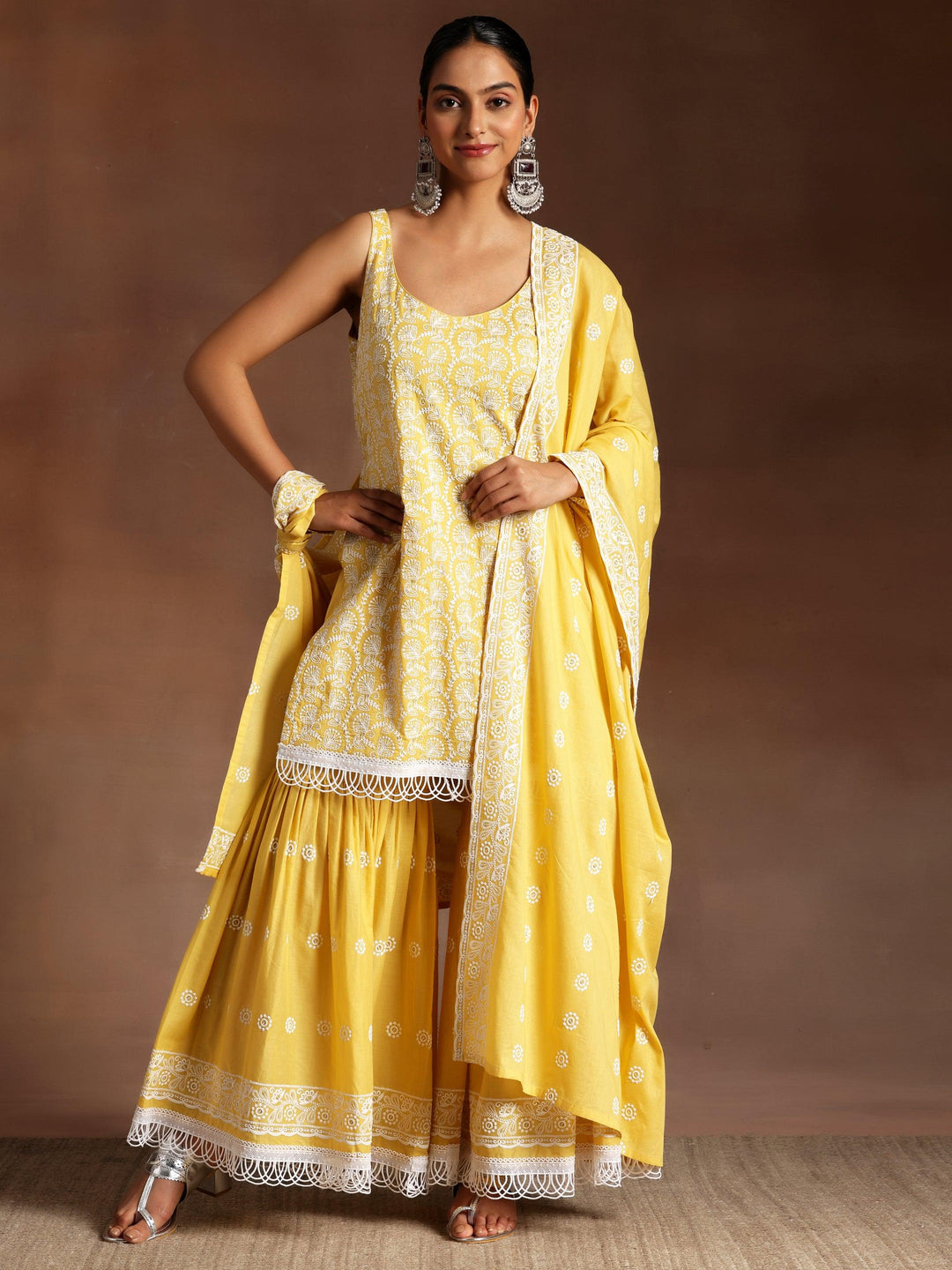 Mustard Embroidered Cotton Straight Suit With Dupatta - Libas 