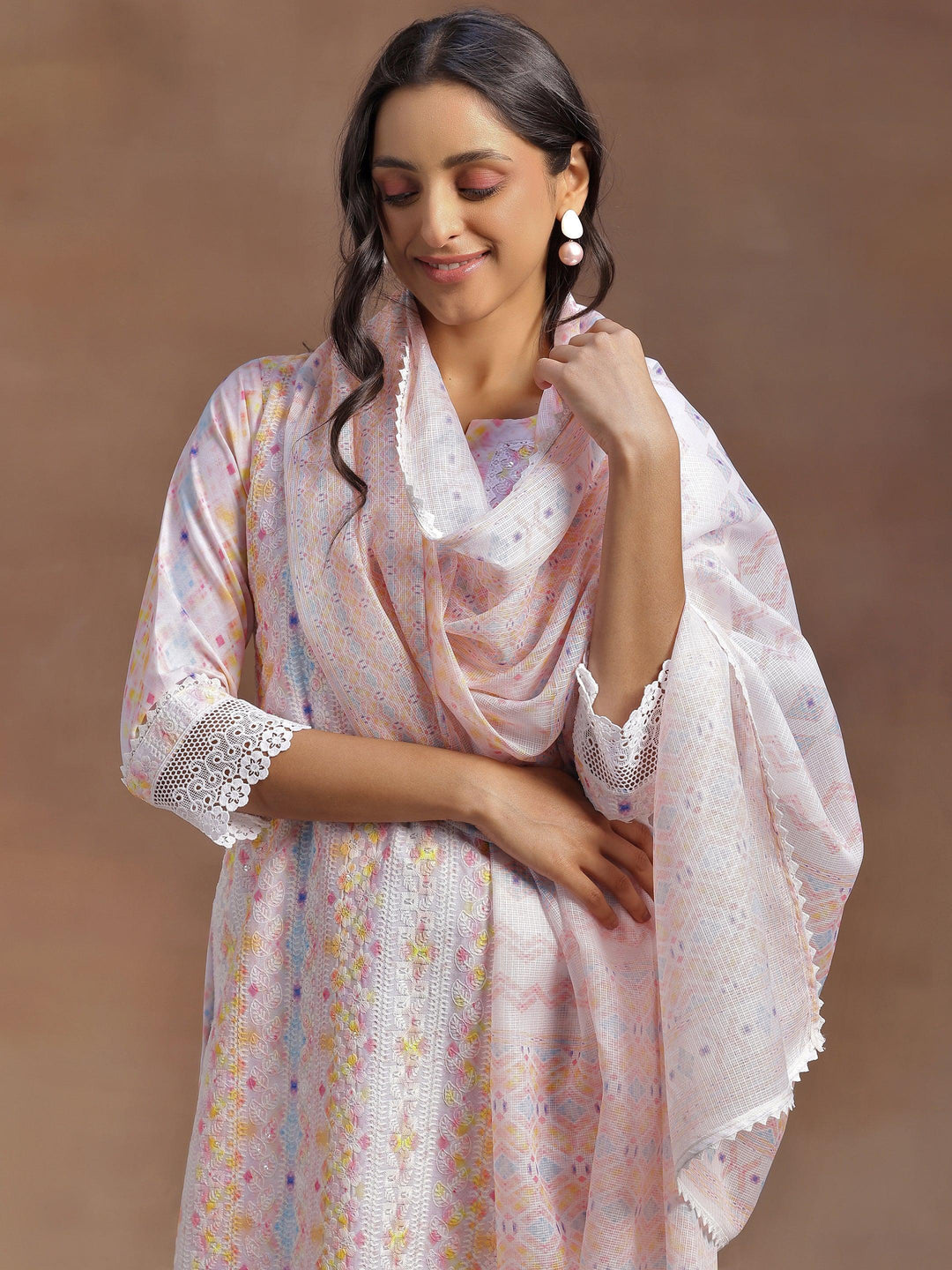 Peach Embroidered Cotton Blend Straight Suit With Dupatta - Libas