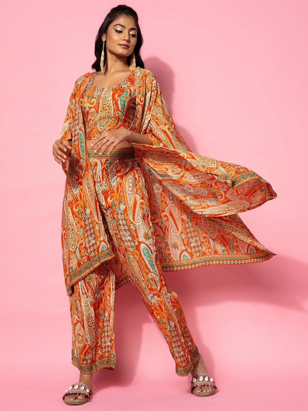 Orange Printed Silk Blend Co-Ords - Libas