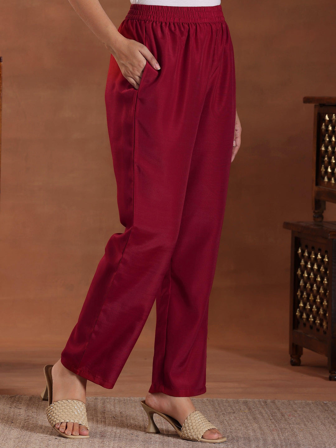 Maroon Embroidered Silk Blend Straight Suit With Dupatta - Libas 