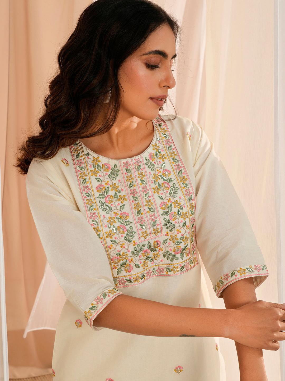 Off White Embroidered Cotton Straight Kurta - Libas 