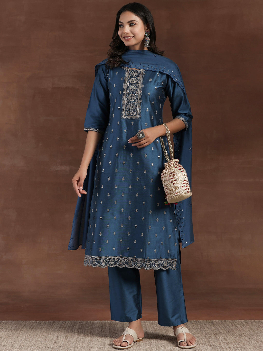 Blue Embroidered Silk Blend Straight Suit With Dupatta - Libas 