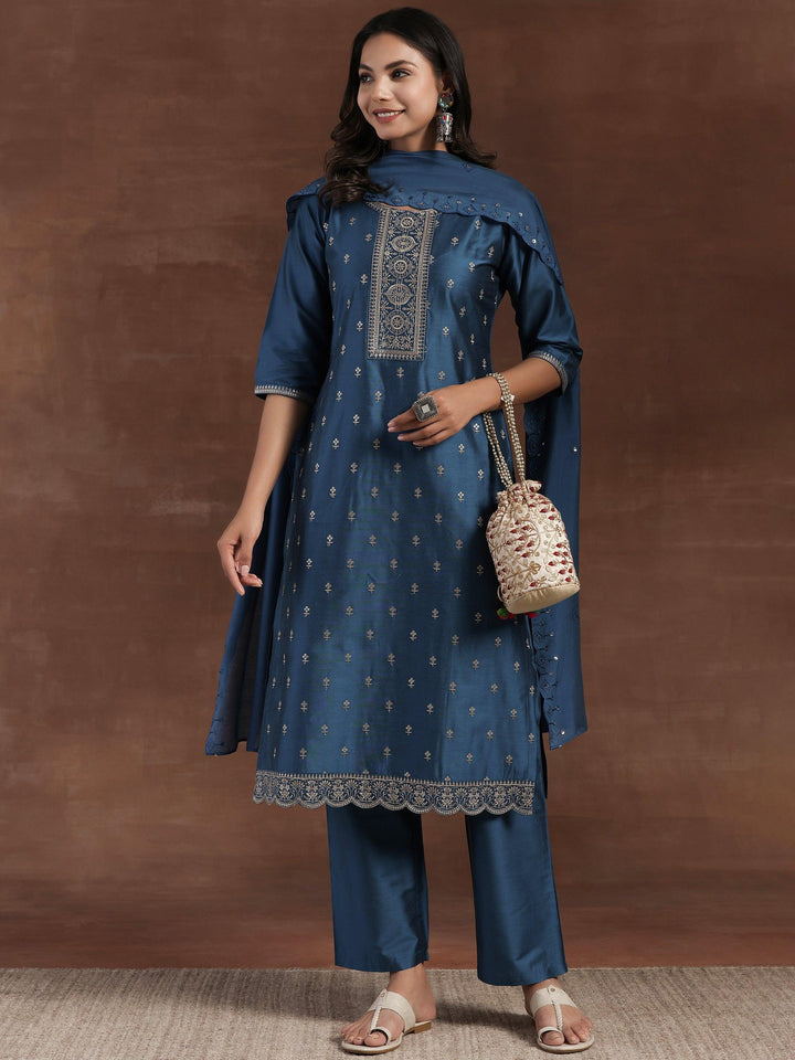 Blue Embroidered Silk Blend Straight Suit With Dupatta - Libas