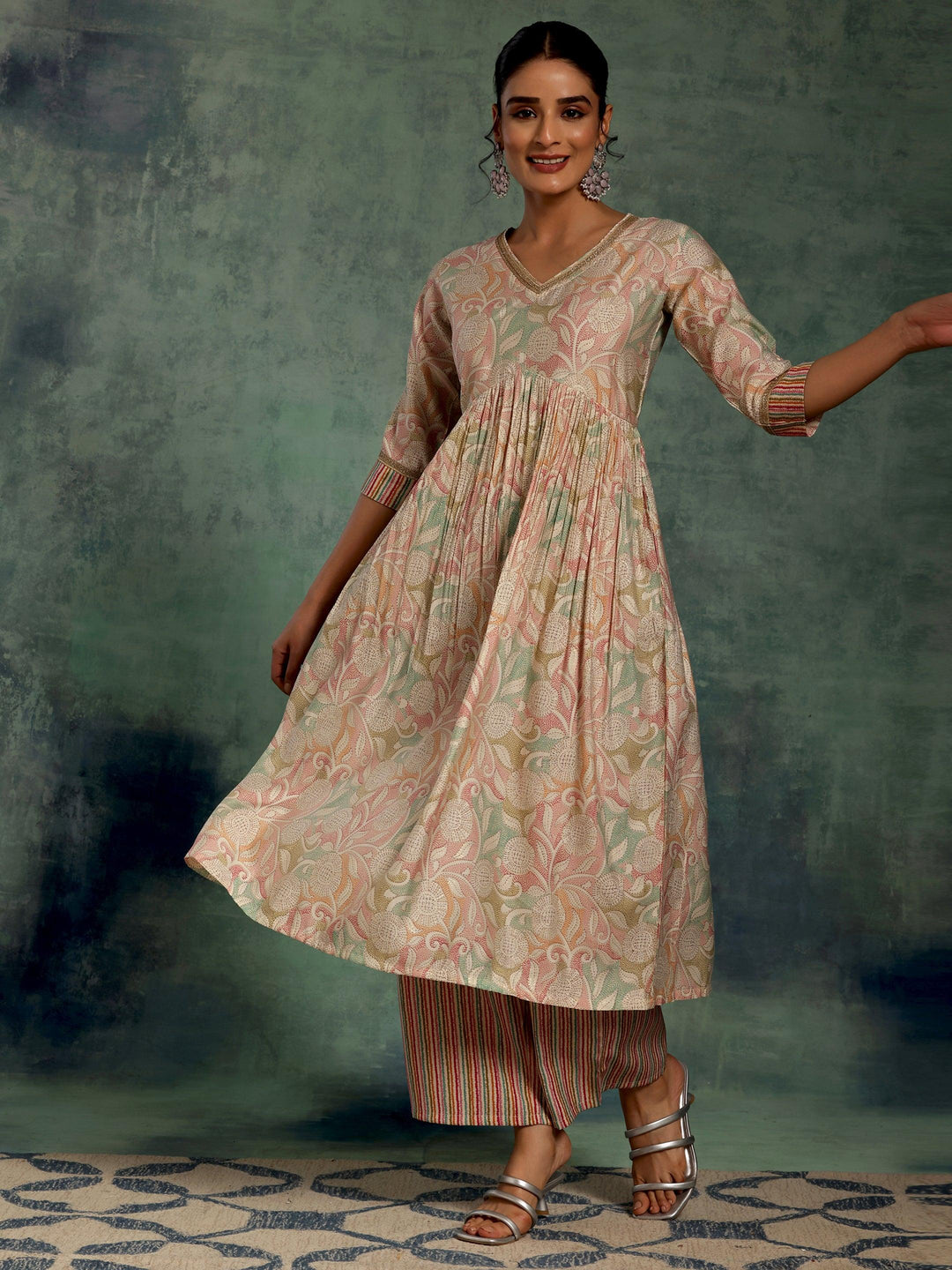 Beige Printed Silk Blend Anarkali Kurta Set - Libas 