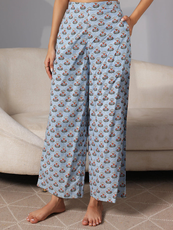 Blue Printed Cotton Night Suits - Libas