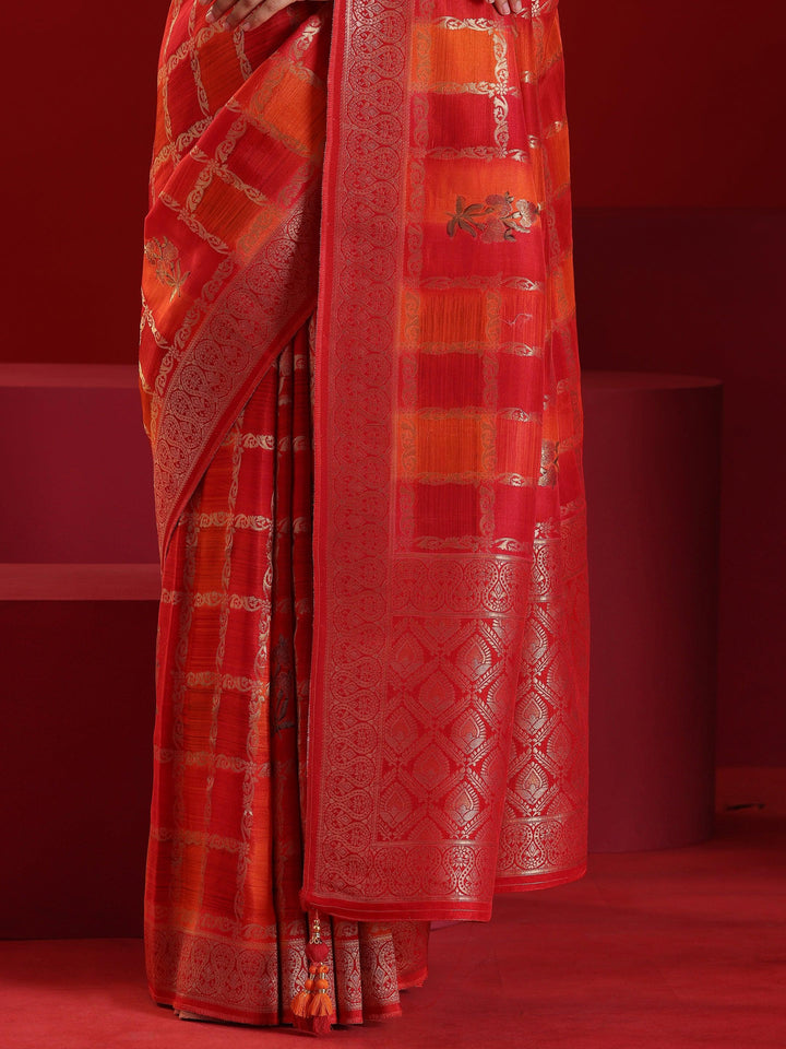 Libas Art Orange Woven Design Satin Saree With Unstitched Blouse Piece - Libas