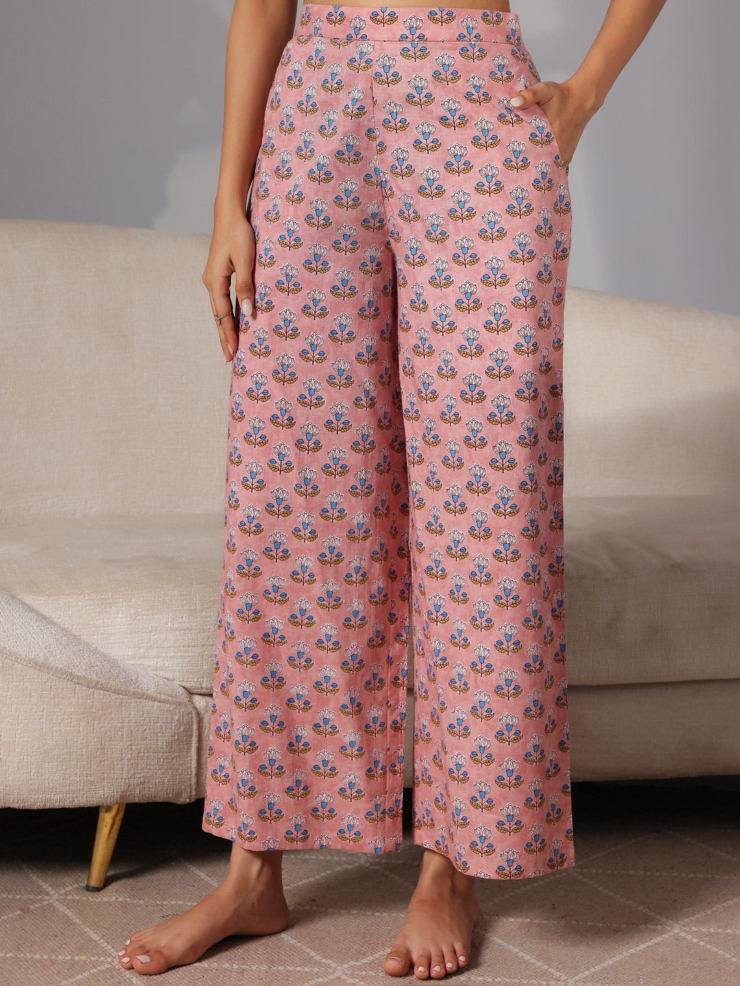 Peach Printed Cotton Night Suits - Libas 