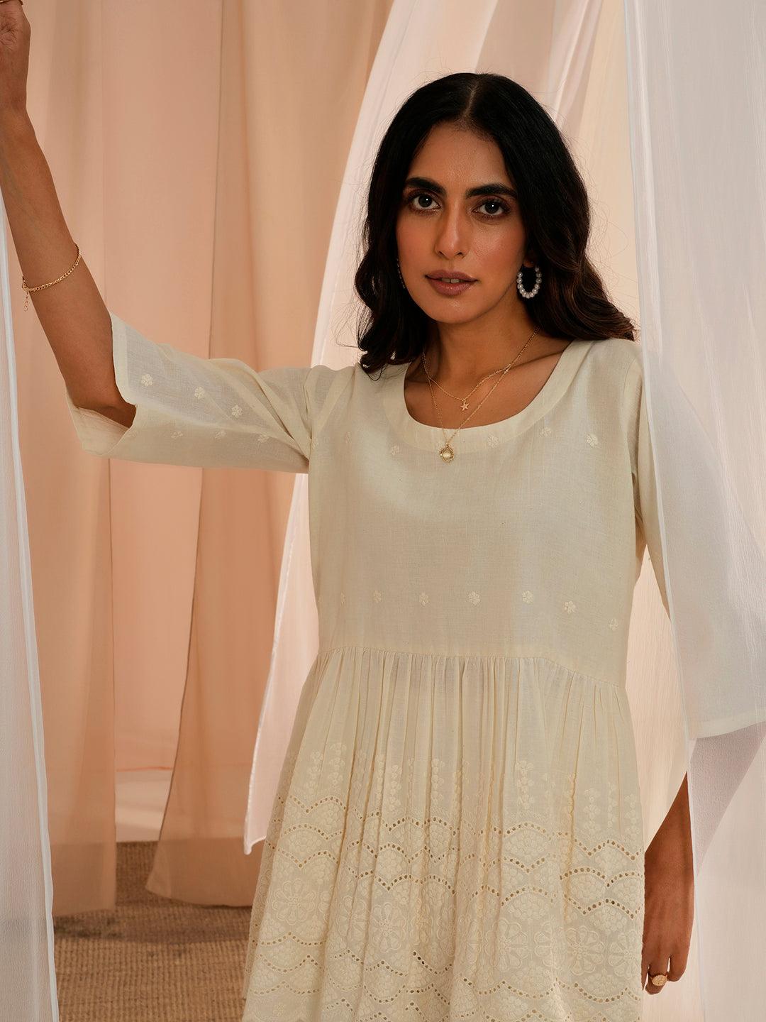 Off White Self Design Cotton Tunic With Palazzos - Libas 