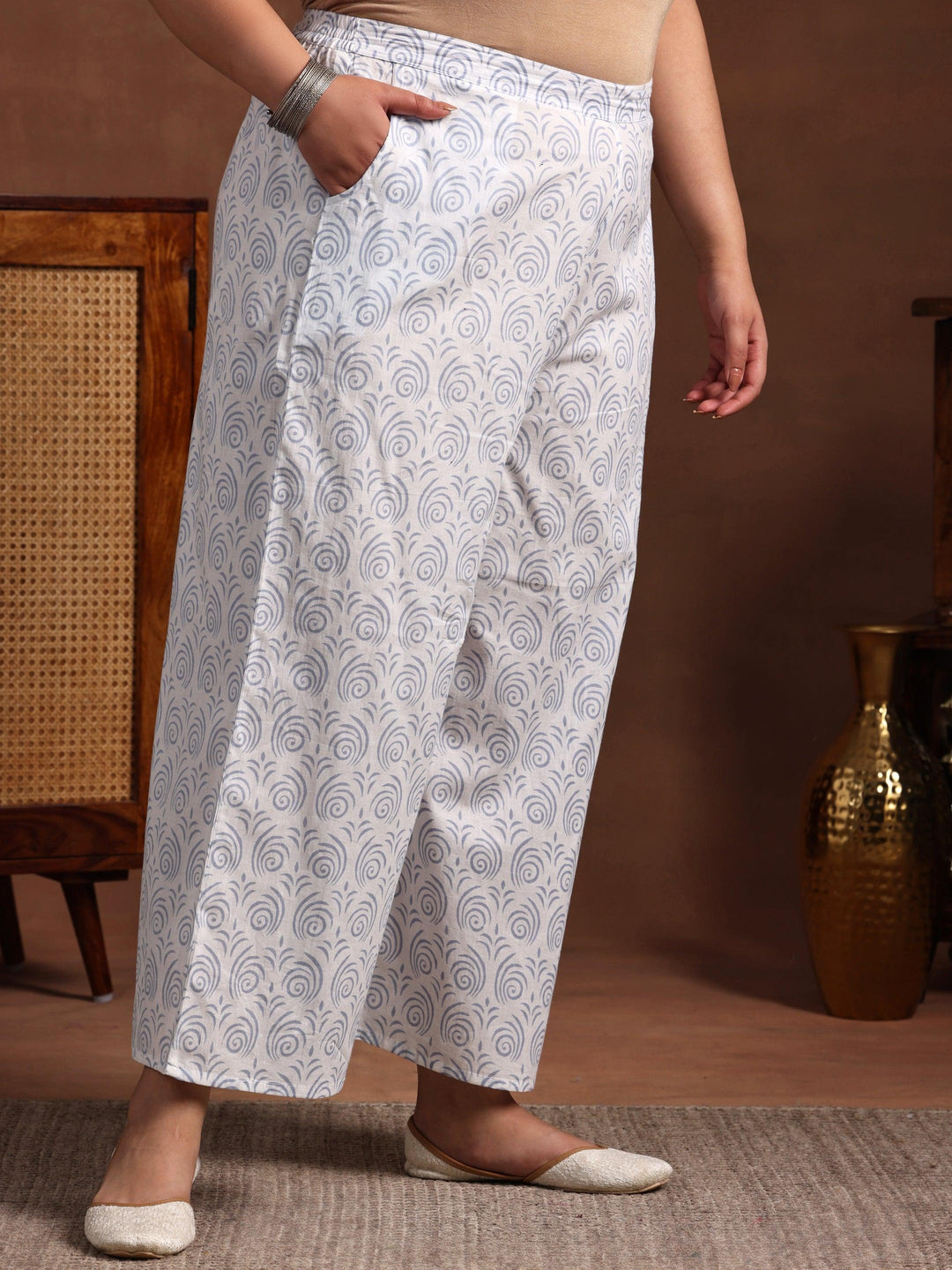 Plus Size Blue Printed Cotton Straight Suit With Dupatta - Libas 