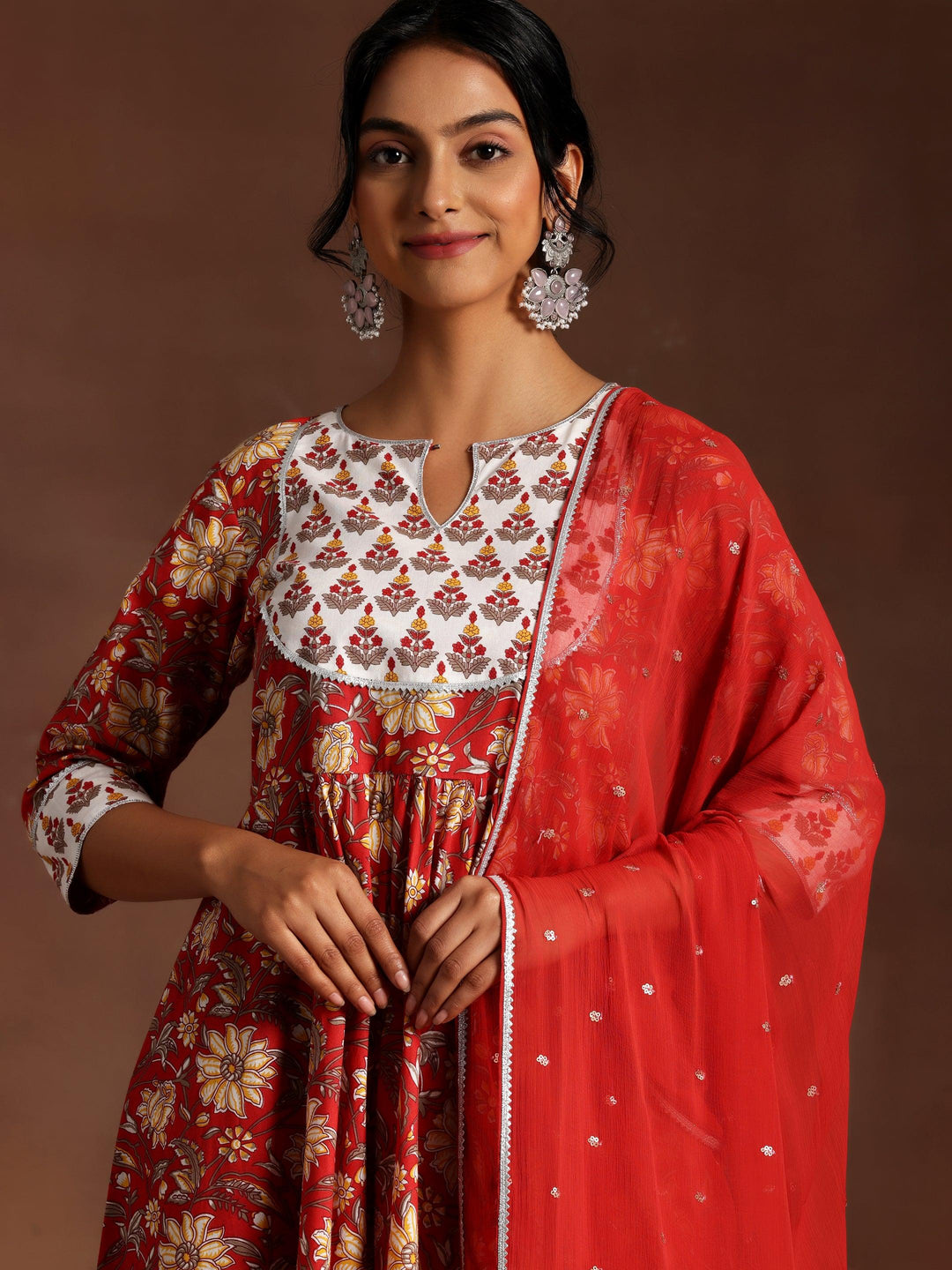 Red Printed Cotton Anarkali Suit With Dupatta - Libas 