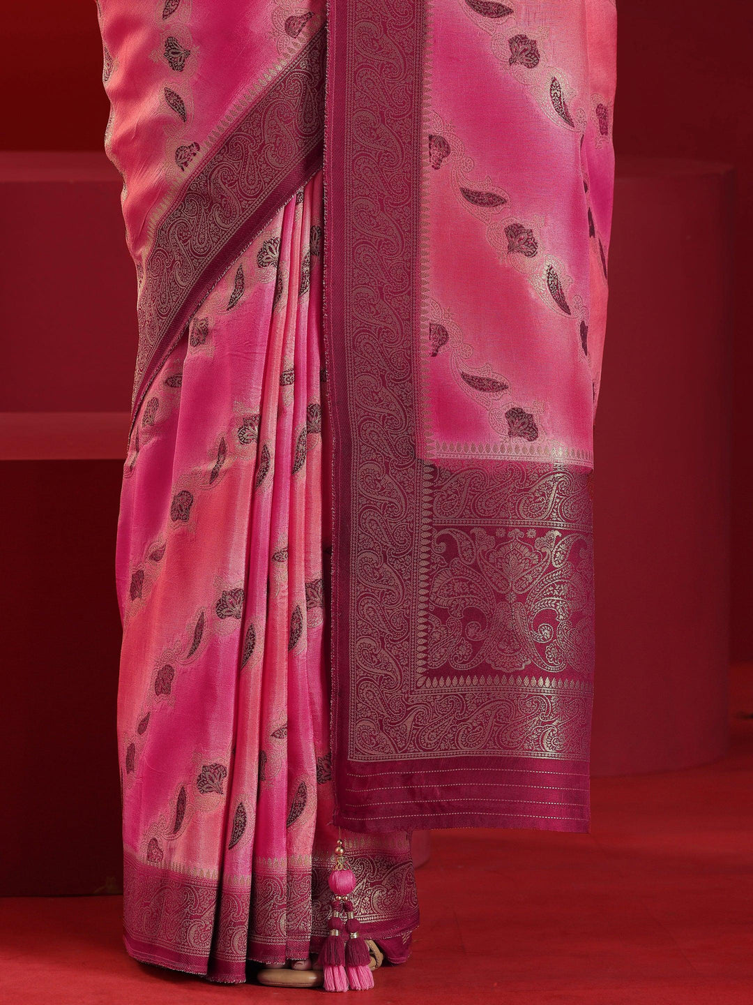 Libas Art Pink Woven Design Satin Saree With Unstitched Blouse Piece - Libas