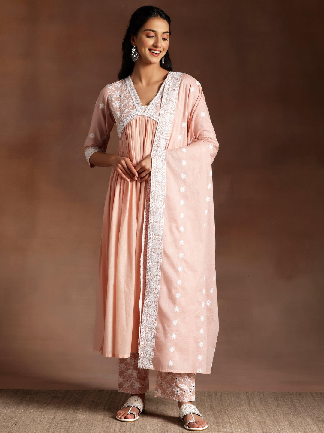 Peach Embroidered Cotton A-Line Kurta With Palazzos & Dupatta - Libas 