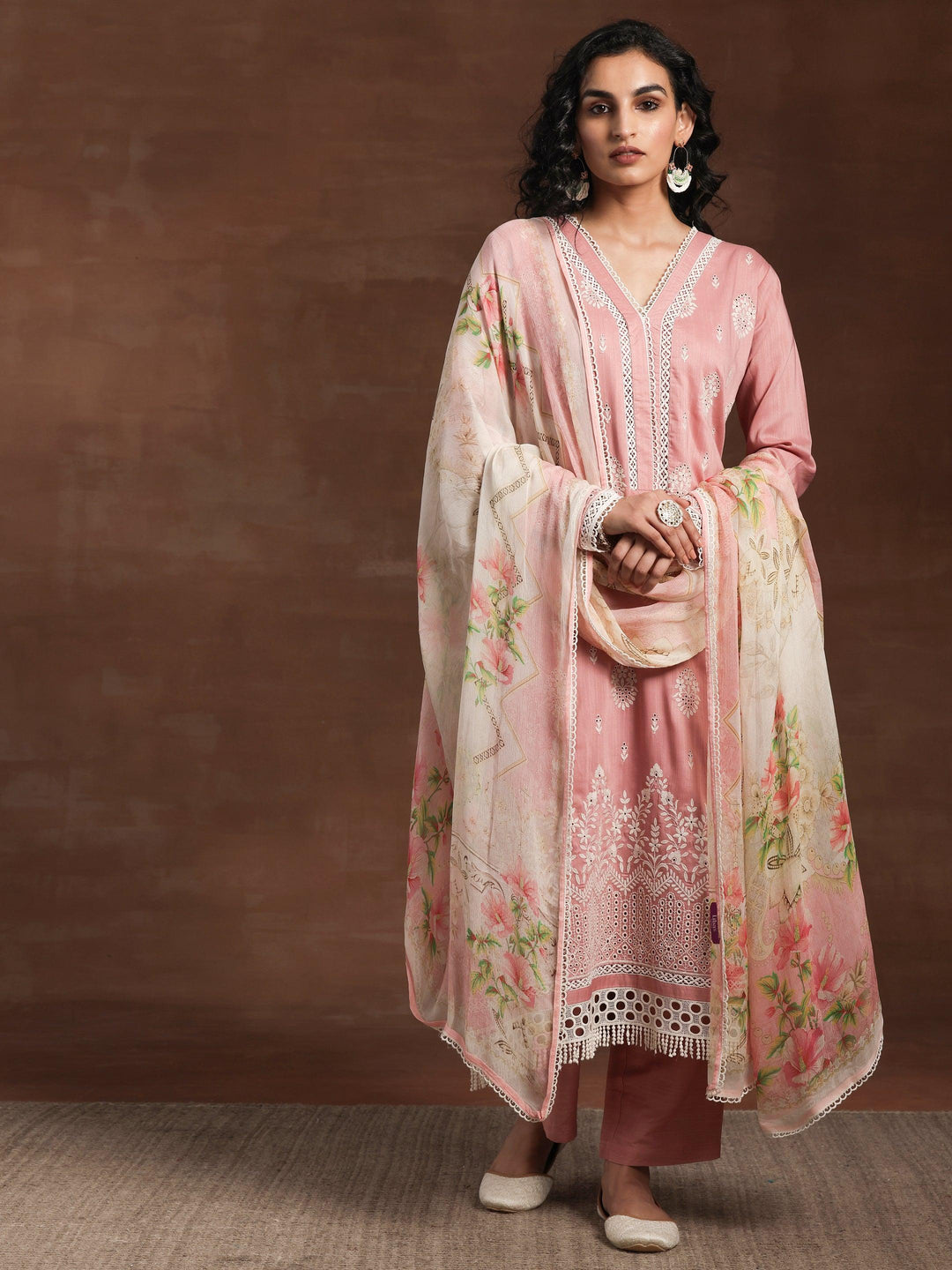 Pink Embroidered Silk Blend Straight Suit With Dupatta - Libas