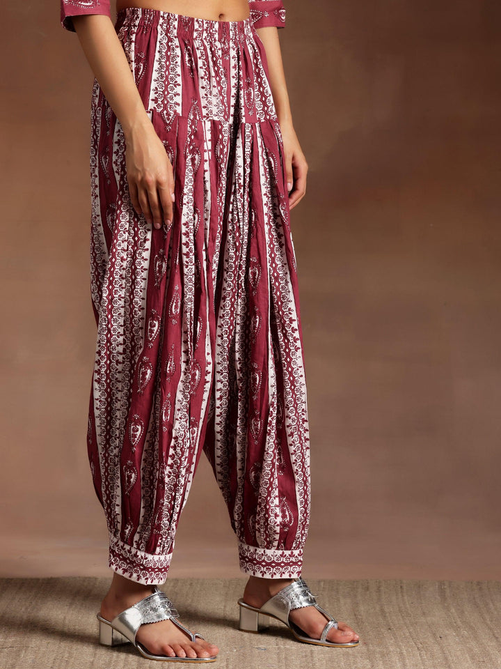 Wine Printed Cotton Straight Suit With Dupatta - Libas