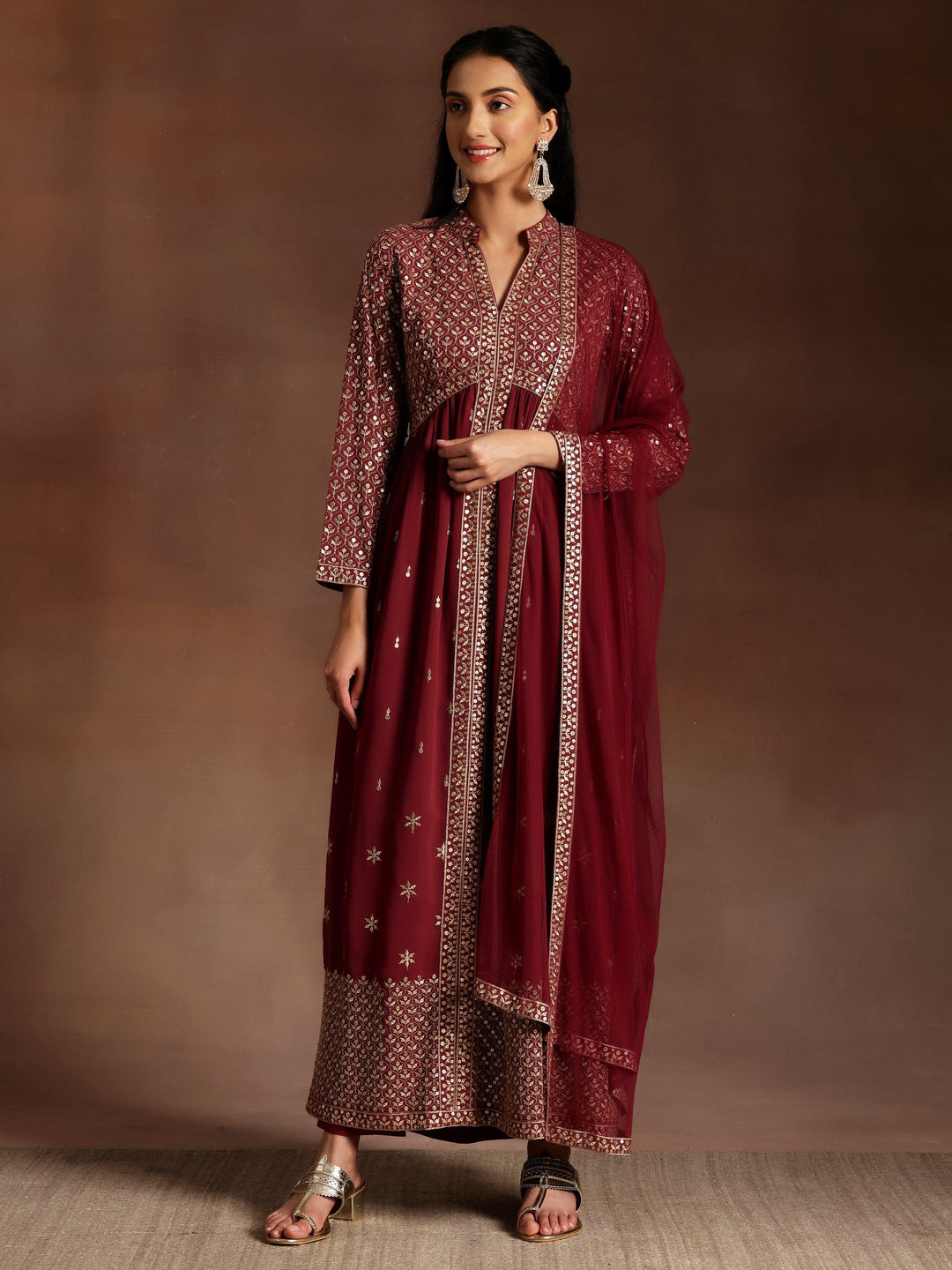 Mauve Embroidered Georgette A-Line Kurta With Trousers & Dupatta - Libas