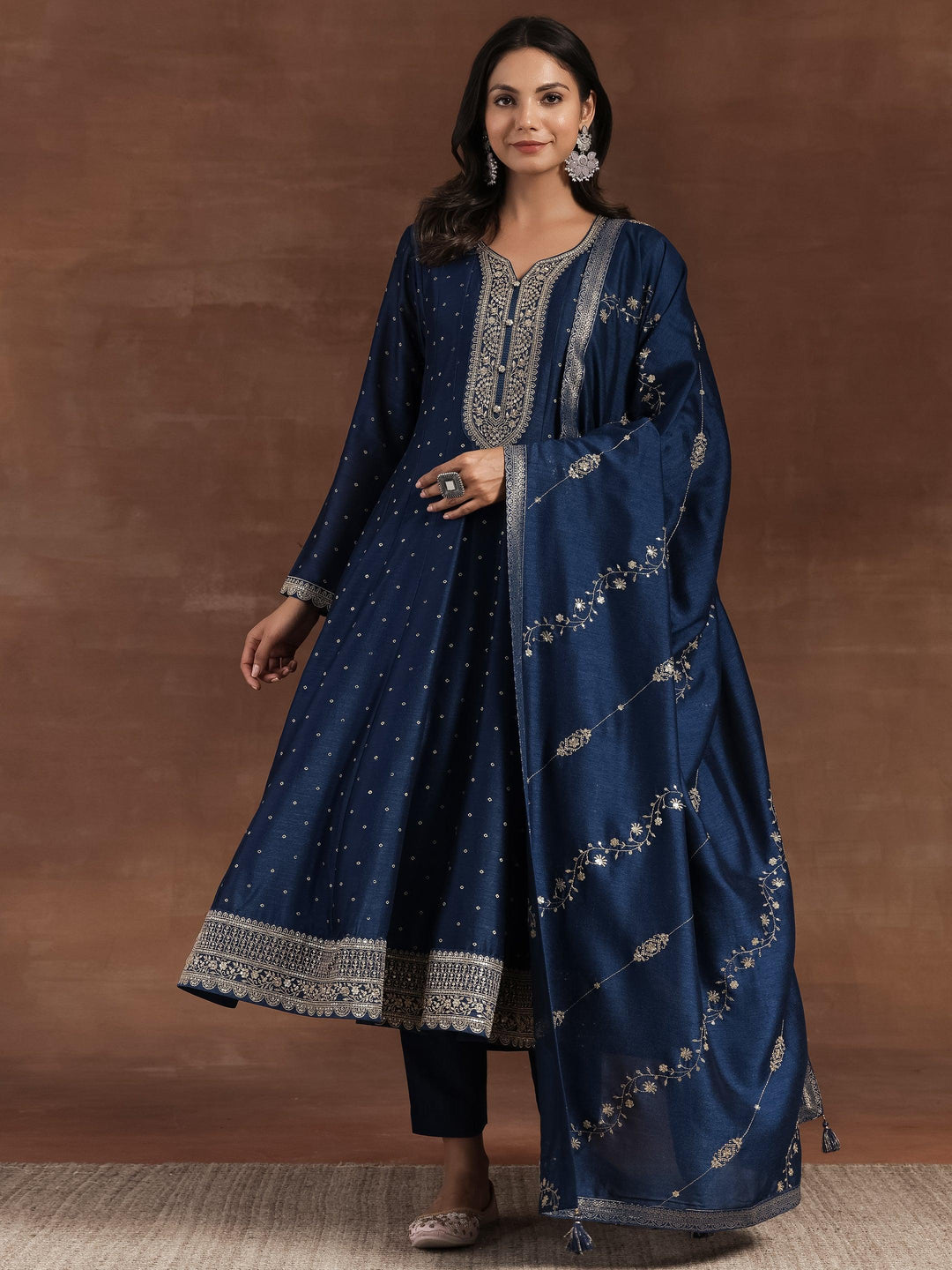 Rizwana Blue Embroidered Silk Blend A-Line Kurta With Trousers & Dupatta - Libas 