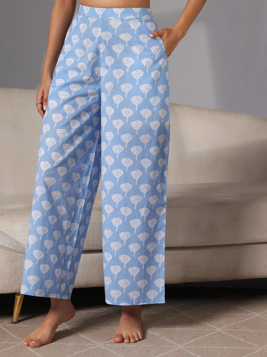 Blue Printed Cotton Night Suits - Libas 