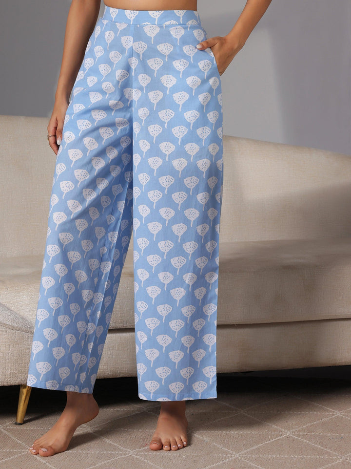 Blue Printed Cotton Night Suits - Libas