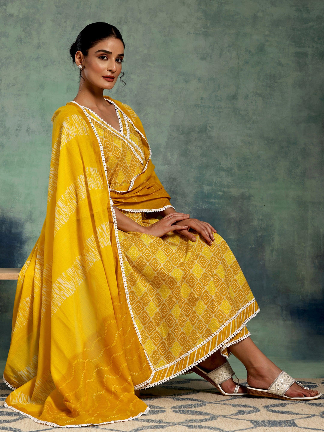 Mustard Printed Cotton A-Line Kurta With Palazzos & Dupatta - Libas 