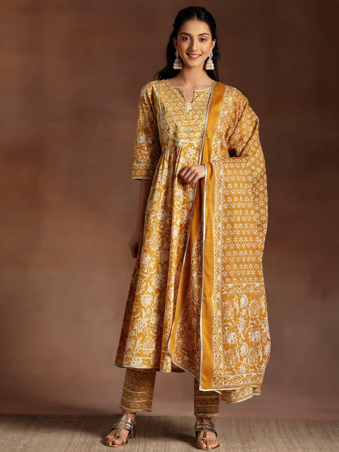 Mustard Printed Cotton Anarkali Suit With Dupatta - Libas