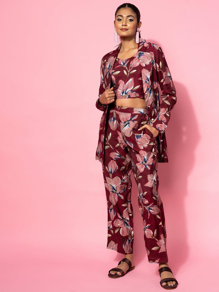 Maroon Printed Silk Blend Co-Ords - Libas