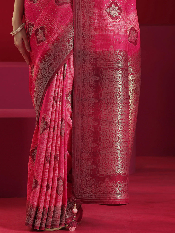 Libas Art Pink Woven Design Satin Saree With Unstitched Blouse Piece - Libas