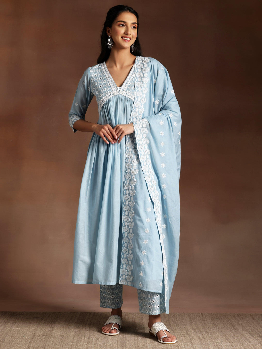 Blue Embroidered Cotton A-Line Kurta With Palazzos & Dupatta - Libas 