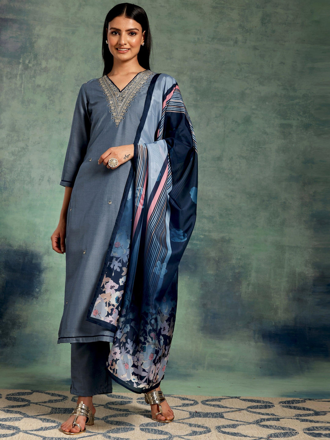 Blue Embroidered Silk Blend Straight Suit With Dupatta - Libas 