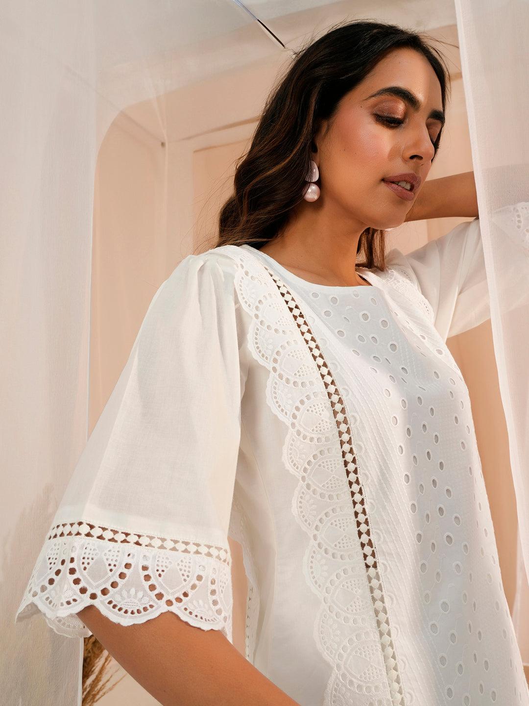 White Embroidered Cotton Straight Kurti - Libas 