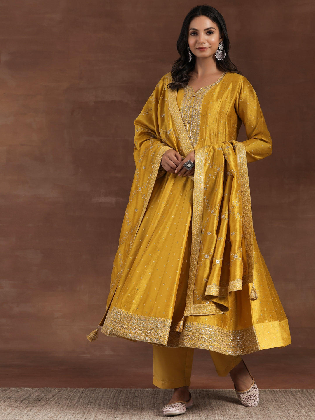 Mustard Embroidered Silk Blend A-Line Kurta With Palazzos & Dupatta - Libas