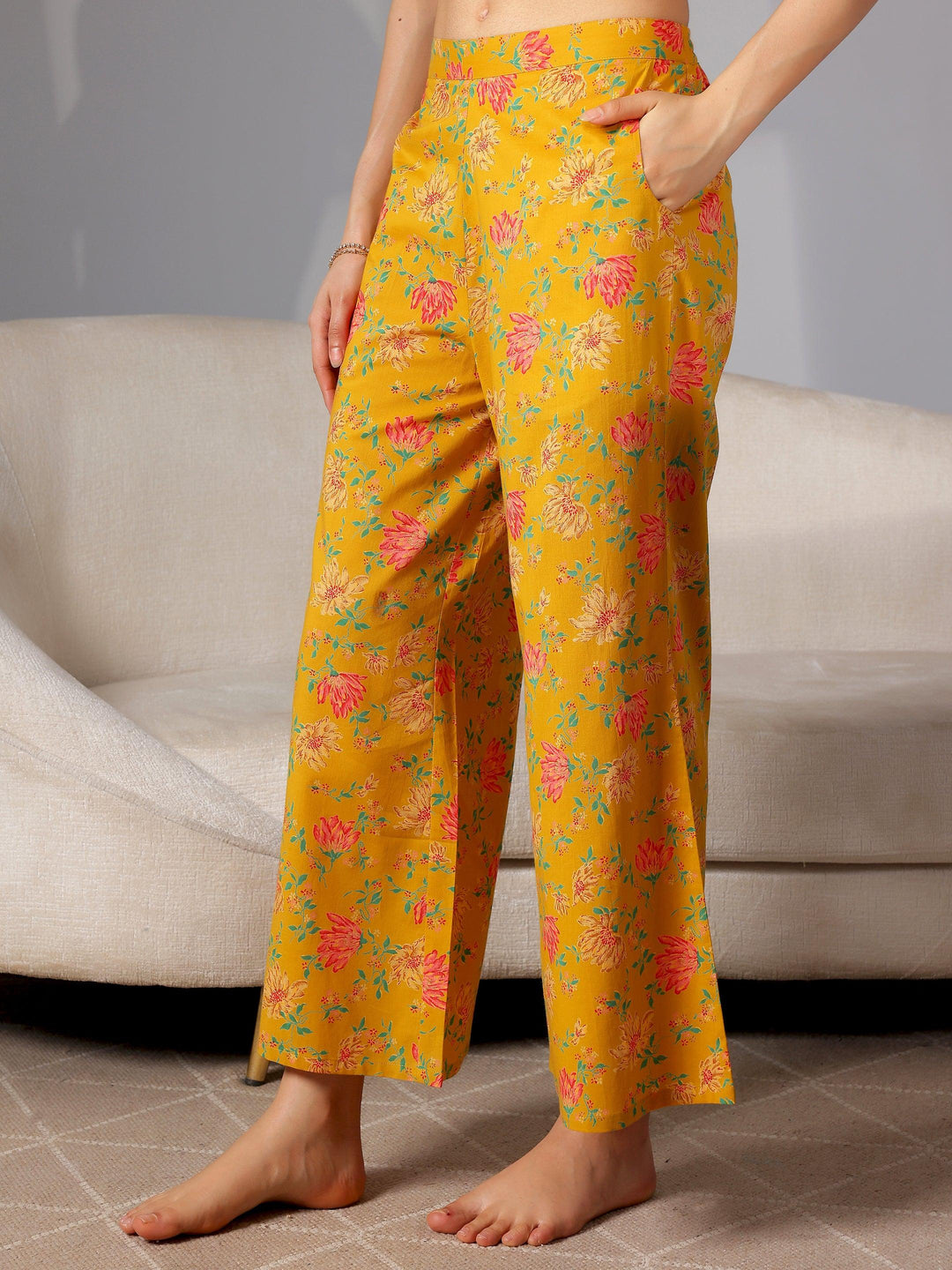 Mustard Printed Cotton Night Suits - Libas