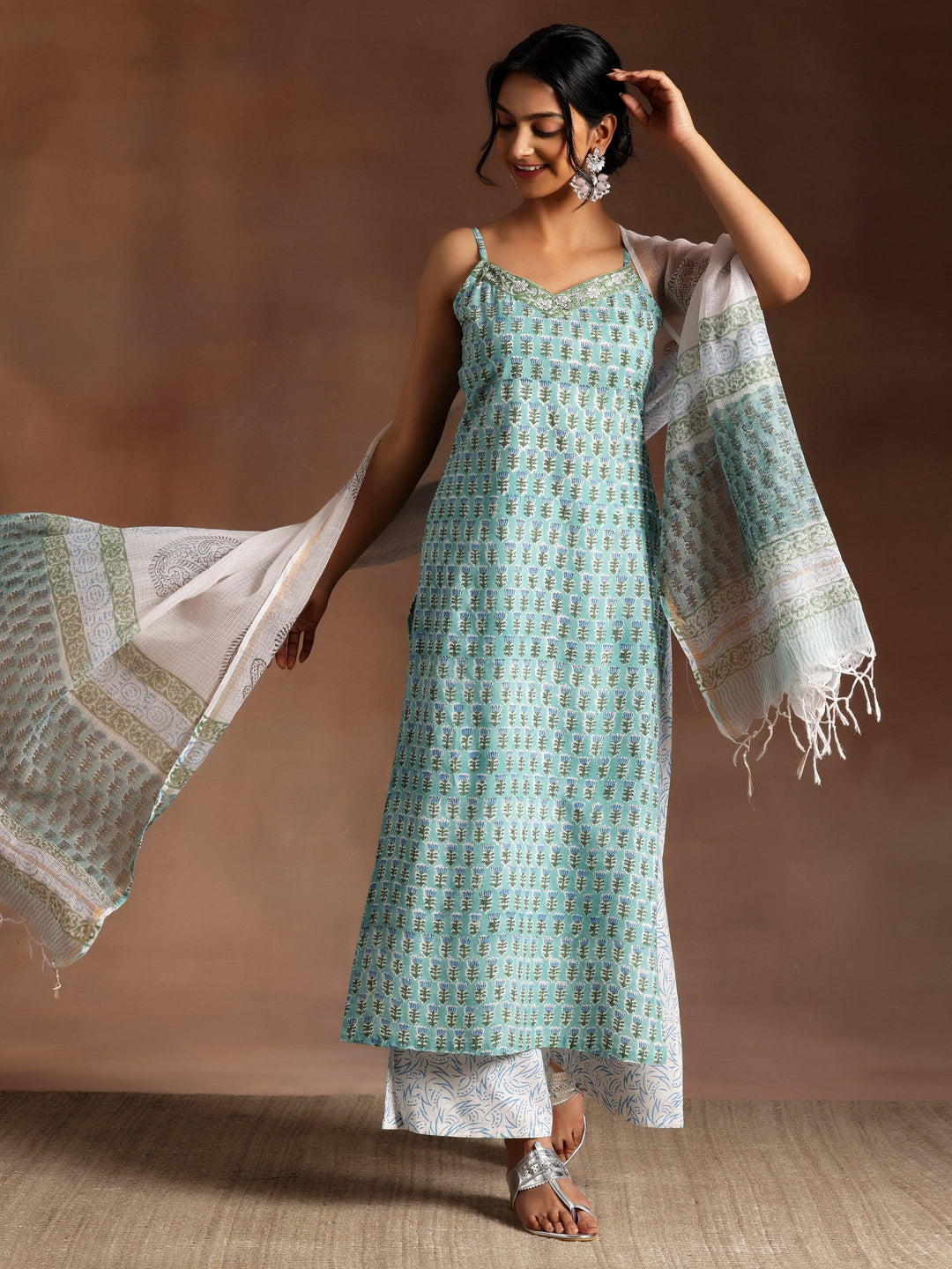 Green Printed Cotton Straight Suit With Dupatta - Libas 