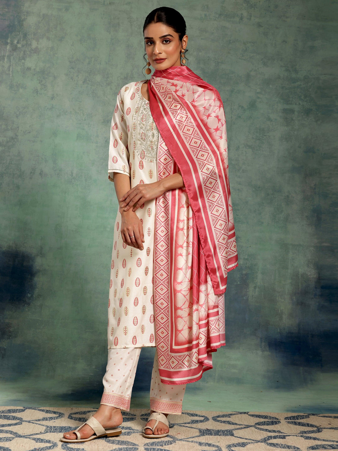 Off White Printed Silk Blend Straight Suit With Dupatta - Libas 