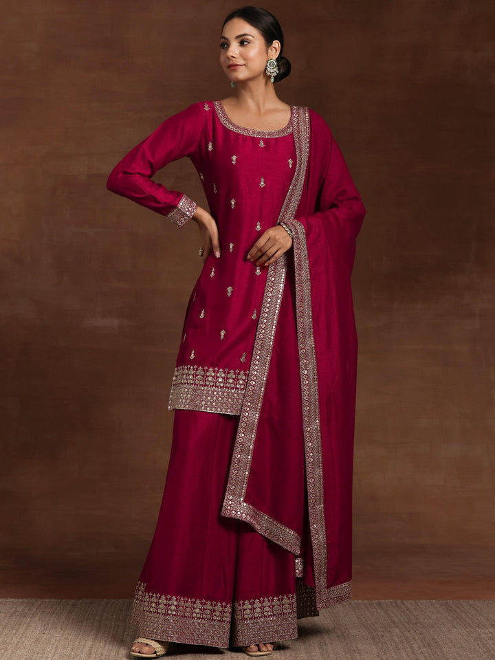 Pink Embroidered Silk Blend Straight Suit With Dupatta - Libas