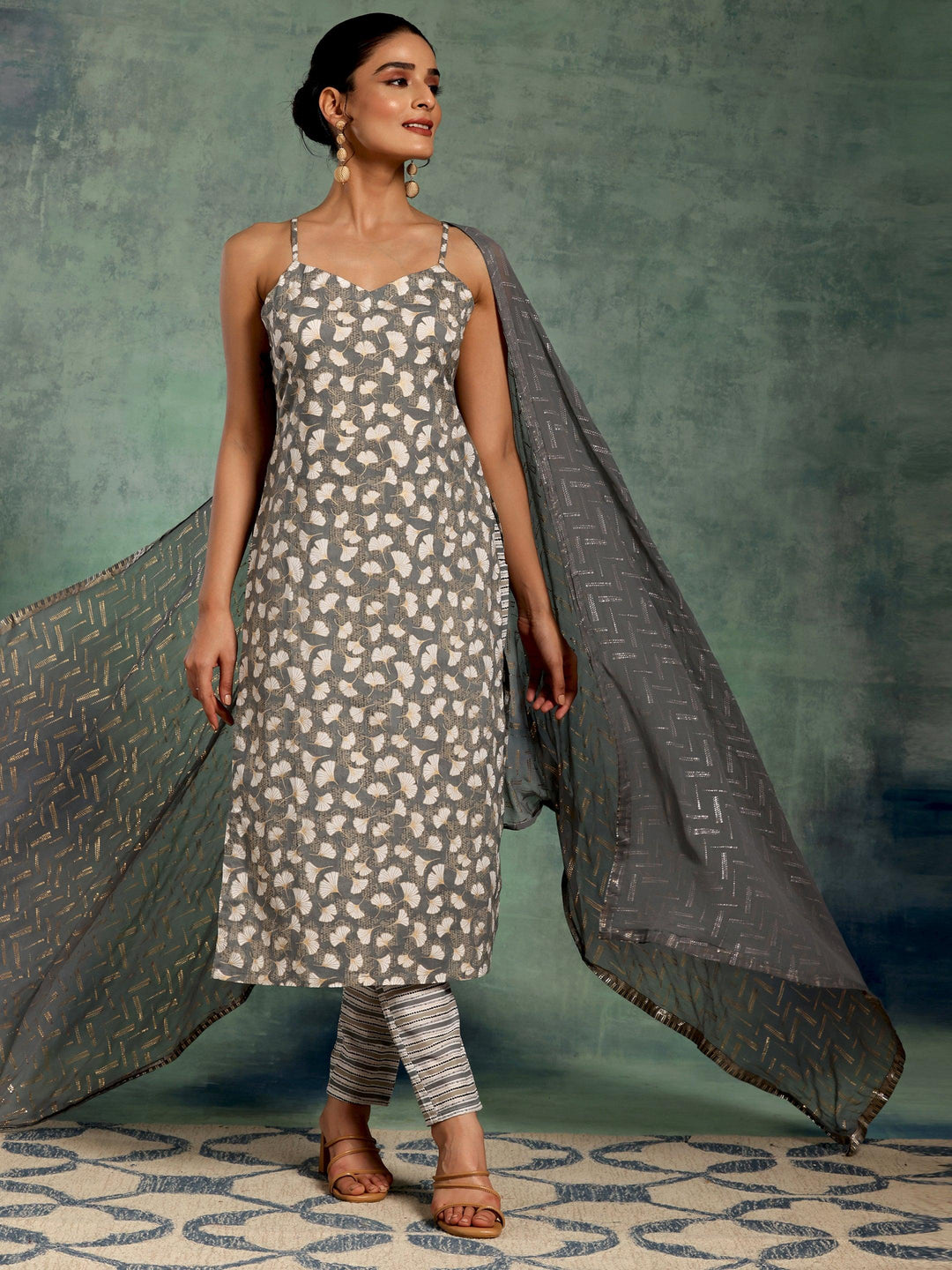 Grey Printed Cotton Straight Suit With Dupatta - Libas 