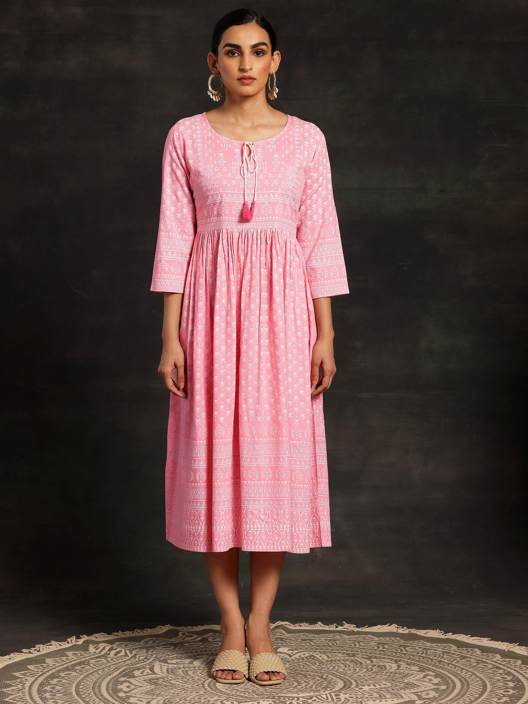 Pink Printed Cotton Fit and Flare Dress - Libas 