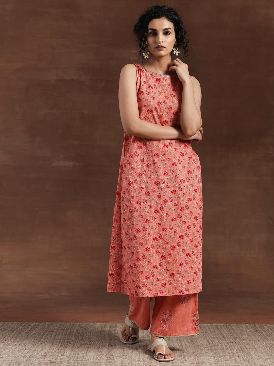 Peach Printed Cotton Straight Kurta Set - Libas 