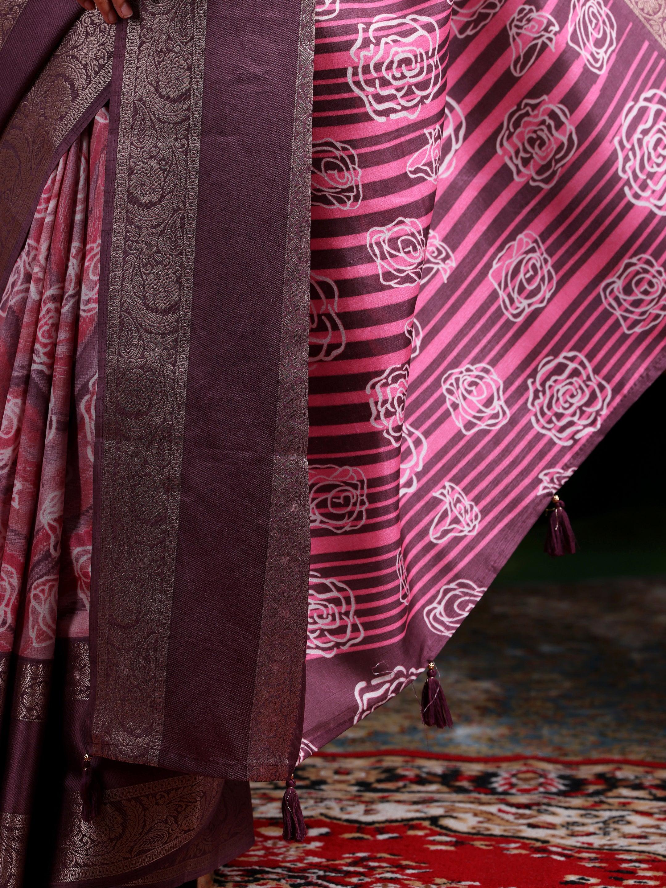 Mauve Printed Silk Blend Saree With Unstitched Blouse Piece